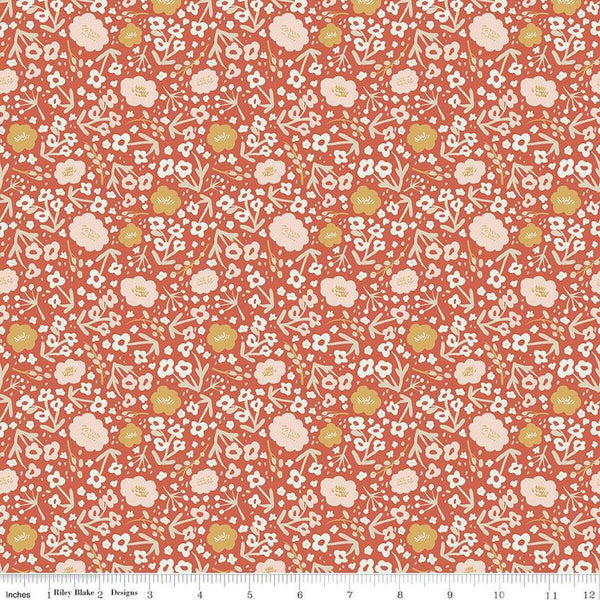 Image of Ivy Reese Flower Lipstick quilting cotton fabric by Deena Rutter for Riley Blake Designs. Features flowers on a pink background. Cute Little Fabric Shop
