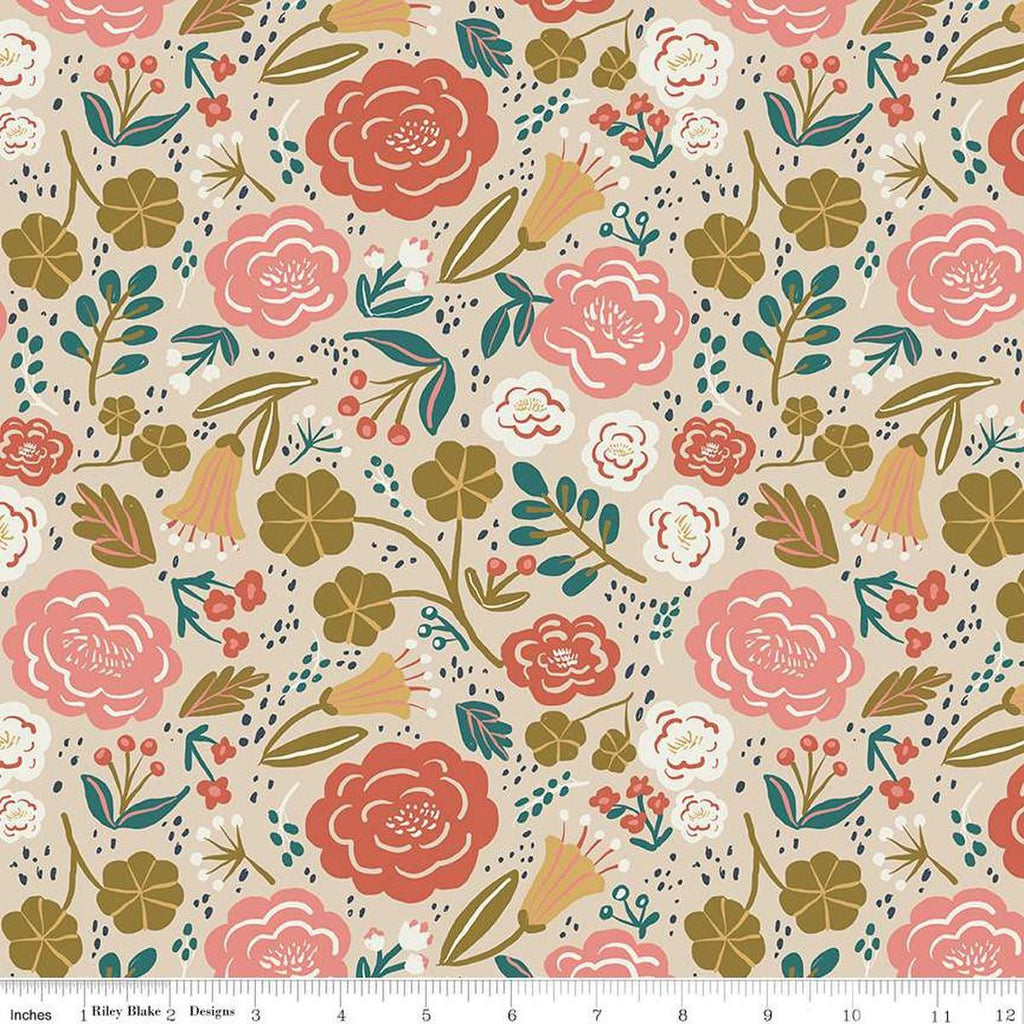 Image of Ivy Reese Main Latte quilting cotton fabric by Deena Rutter for Riley Blake Designs. Features flowers on a brown background. Cute Little Fabric Shop