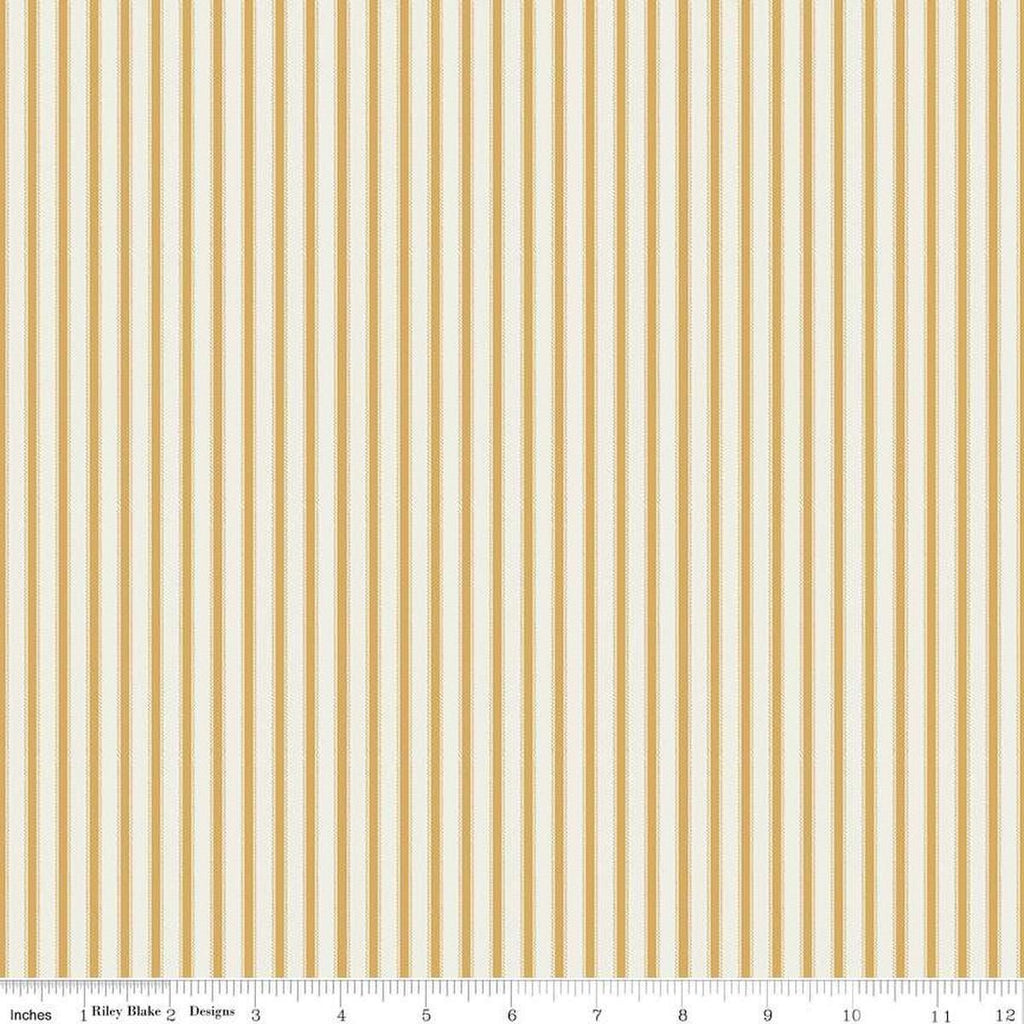 Image of Ivy Reese Ticking Golden quilting cotton fabric by Deena Rutter for Riley Blake Designs. Features stripes on a yellow background. Cute Little Fabric Shop