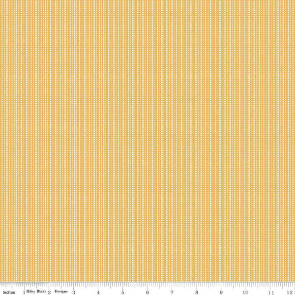 Image of Juju's Petals Stripes Yellow quilting cotton fabric by Judi Madsen for Riley Blake Designs. Features stripes on a yellow background. Cute Little Fabric Shop