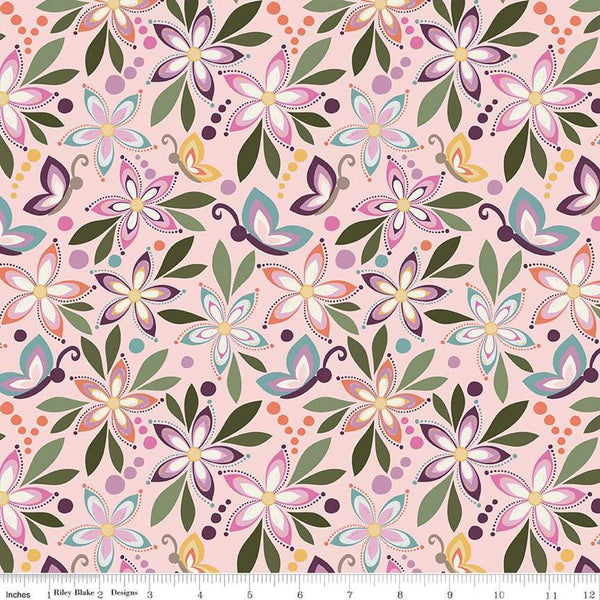 Image of Juju's Petals Main Pink quilting cotton fabric by Judi Madsen for Riley Blake Designs. Features flowers on a pink background. Cute Little Fabric Shop