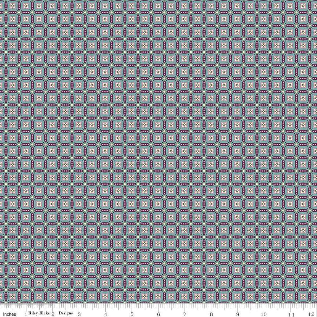 Image of Juju's Petals Mosaic Teal quilting cotton fabric by Judi Madsen for Riley Blake Designs. Features stripes on a blue background. Cute Little Fabric Shop