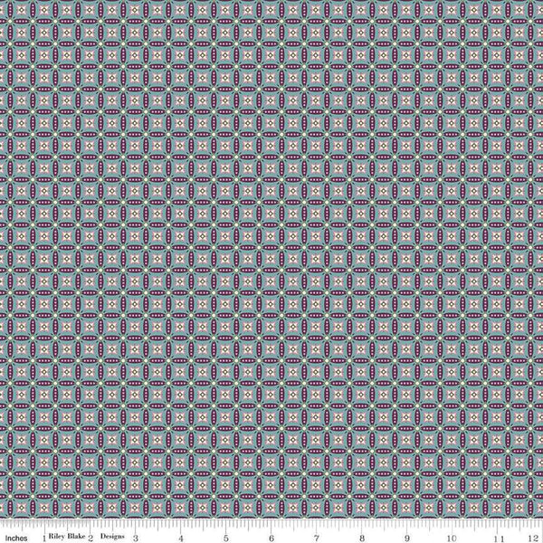 Image of Juju's Petals Mosaic Teal quilting cotton fabric by Judi Madsen for Riley Blake Designs. Features stripes on a blue background. Cute Little Fabric Shop