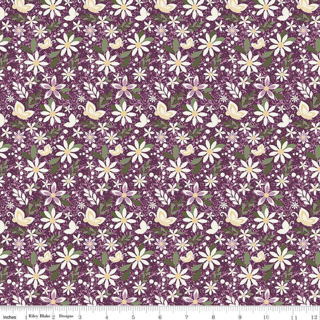 Image of Juju's Petals Dance Purple quilting cotton fabric by Judi Madsen for Riley Blake Designs. Features flowers on a purple background. Cute Little Fabric Shop