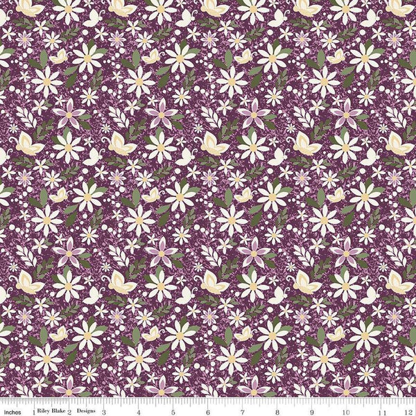 Image of Juju's Petals Dance Purple quilting cotton fabric by Judi Madsen for Riley Blake Designs. Features flowers on a purple background. Cute Little Fabric Shop