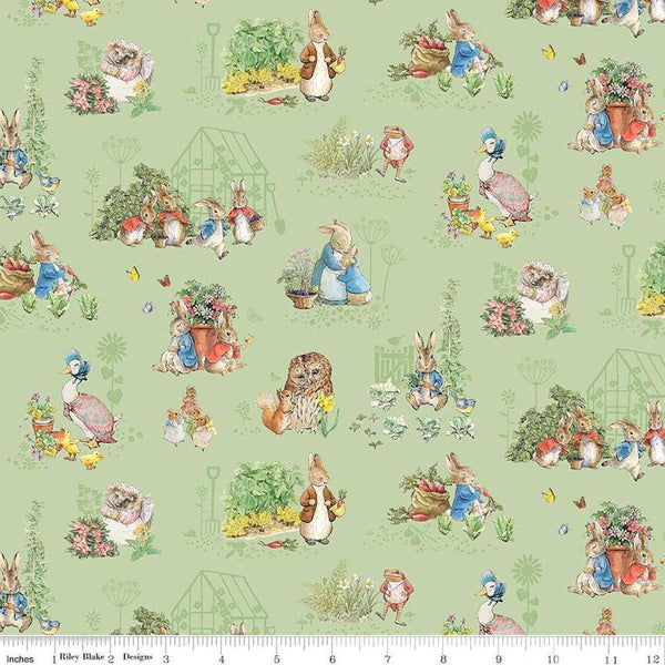 Image of Flannel Peter Rabbit™ & Friends Characters Fern flannel cotton fabric by Riley Blake Official Licensed Product for Riley Blake Designs. Features animals on a green background. Cute Little Fabric Shop