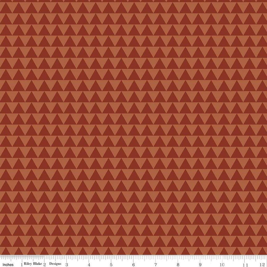 Image of Flannel Into the Woods Triangles Rust flannel cotton fabric by Diane Labombarbe for Riley Blake Designs. Features triangles on an orange background. Cute Little Fabric Shop