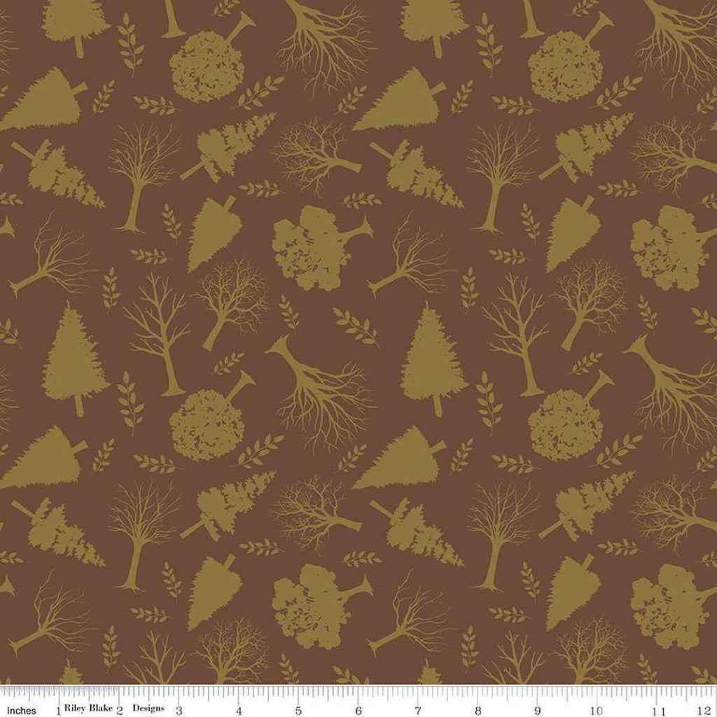 Image of Flannel Into the Woods Trees Brown flannel cotton fabric by Diane Labombarbe for Riley Blake Designs. Features plants on a brown background. Cute Little Fabric Shop