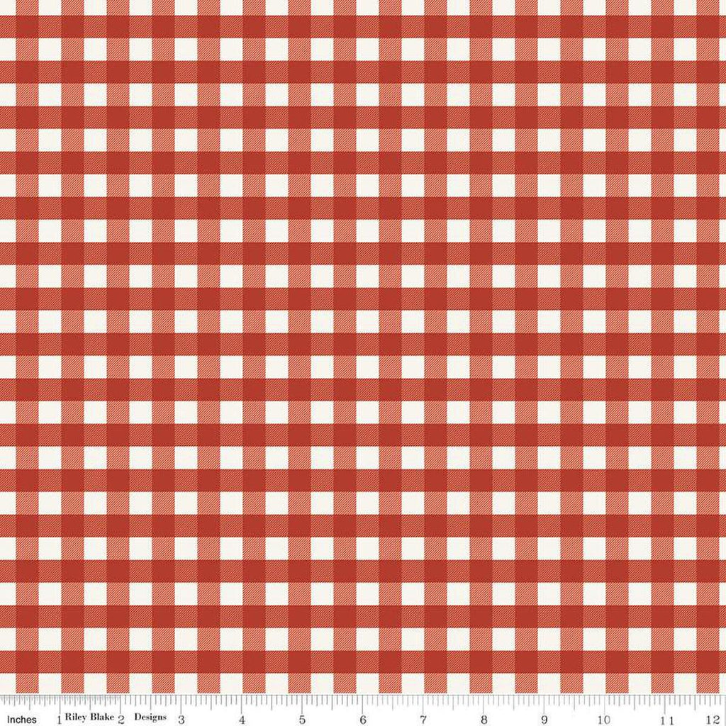 Image of One the Farm Plaid Red flannel cotton fabric by The RBD Designers for Riley Blake Designs. Features plaid on a red background. Cute Little Fabric Shop