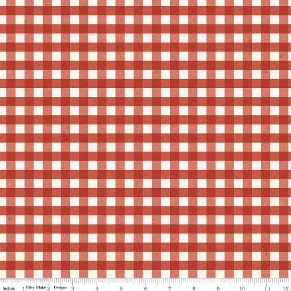 Image of One the Farm Plaid Red flannel cotton fabric by The RBD Designers for Riley Blake Designs. Features plaid on a red background. Cute Little Fabric Shop