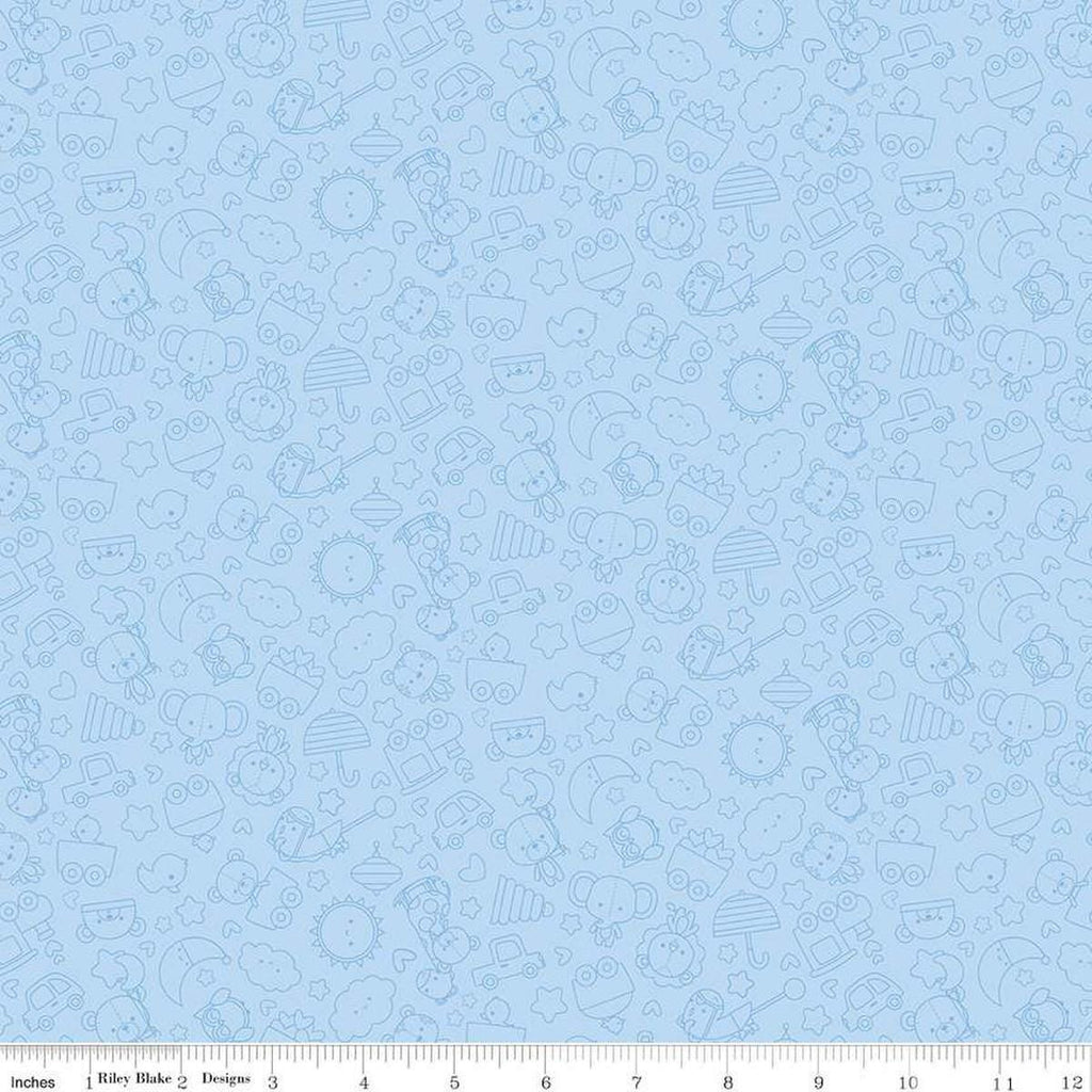 Image of Flannel Special Delivery Tonal Blue flannel cotton fabric by Doodlebug Design Inc. for Riley Blake Designs. Features toys on a blue background. Cute Little Fabric Shop