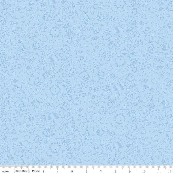 Image of Flannel Special Delivery Tonal Blue flannel cotton fabric by Doodlebug Design Inc. for Riley Blake Designs. Features toys on a blue background. Cute Little Fabric Shop
