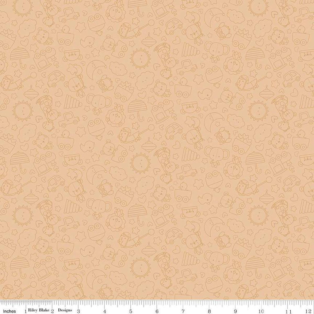 Image of Flannel Special Delivery Tonal Brown flannel cotton fabric by Doodlebug Design Inc. for Riley Blake Designs. Features toys on a tan background. Cute Little Fabric Shop