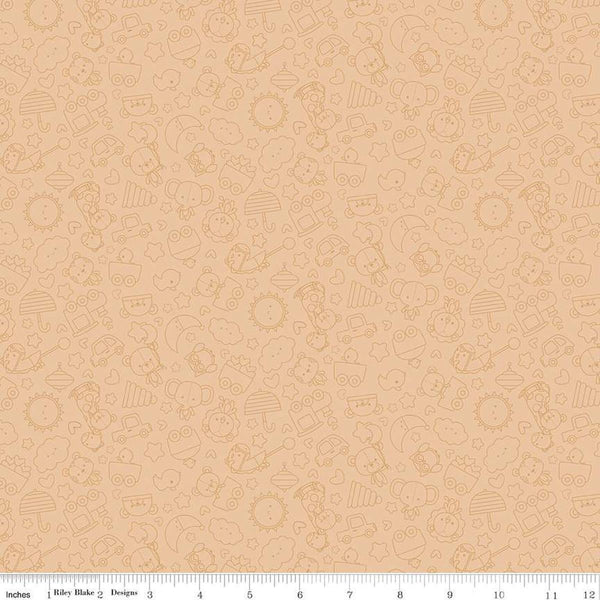 Image of Flannel Special Delivery Tonal Brown flannel cotton fabric by Doodlebug Design Inc. for Riley Blake Designs. Features toys on a tan background. Cute Little Fabric Shop