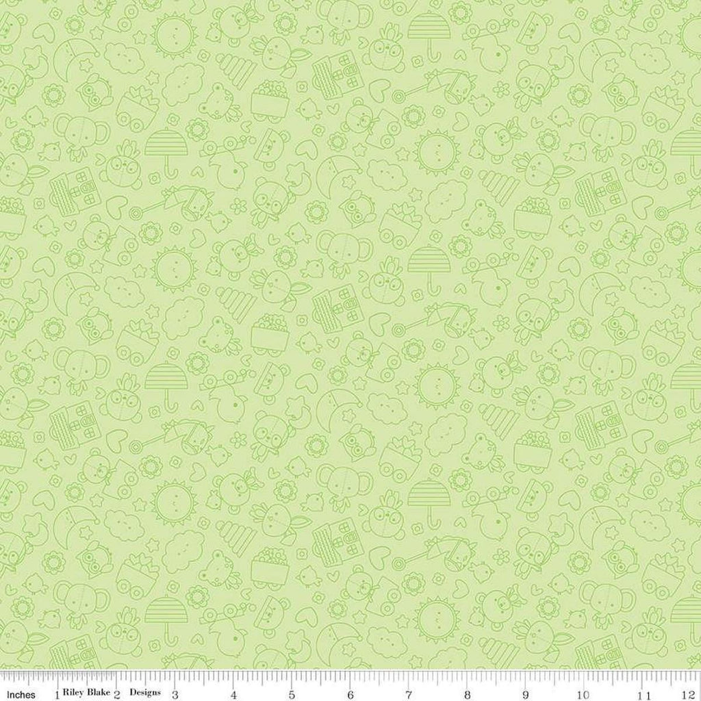 Image of Flannel Bundle of Joy Tonal Green flannel cotton fabric by Doodlebug Design Inc. for Riley Blake Designs. Features toys on a green background. Cute Little Fabric Shop