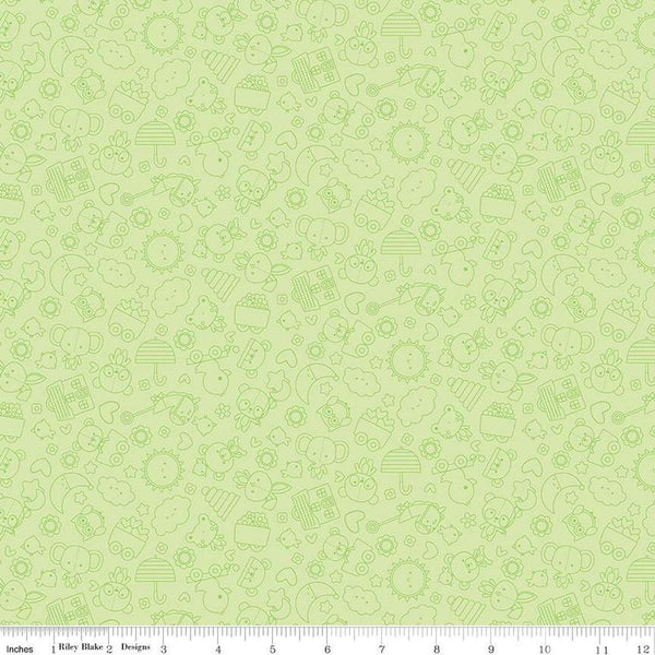 Image of Flannel Bundle of Joy Tonal Green flannel cotton fabric by Doodlebug Design Inc. for Riley Blake Designs. Features toys on a green background. Cute Little Fabric Shop