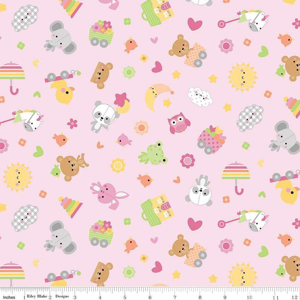 Image of Flannel Bundle of Joy Toss Pink flannel cotton fabric by Doodlebug Design Inc. for Riley Blake Designs. Features toys on a pink background. Cute Little Fabric Shop