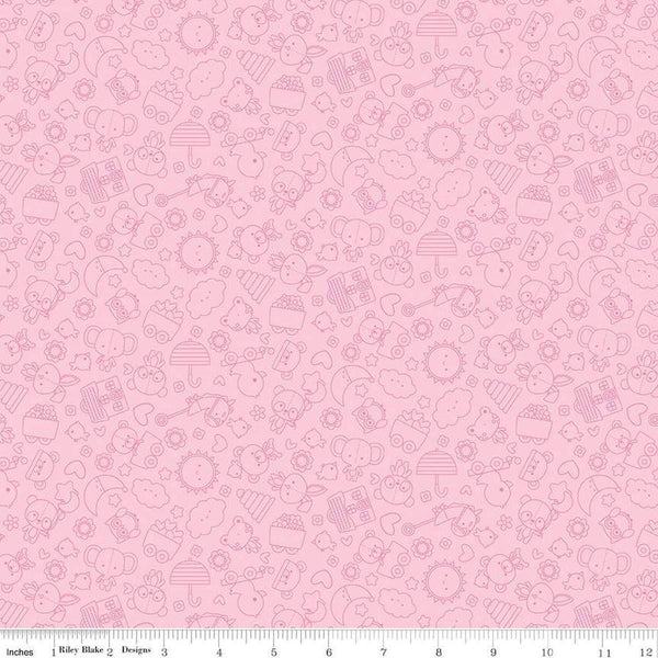 Image of Flannel Bundle of Joy Tonal Pink flannel cotton fabric by Doodlebug Design Inc. for Riley Blake Designs. Features toys on a pink background. Cute Little Fabric Shop