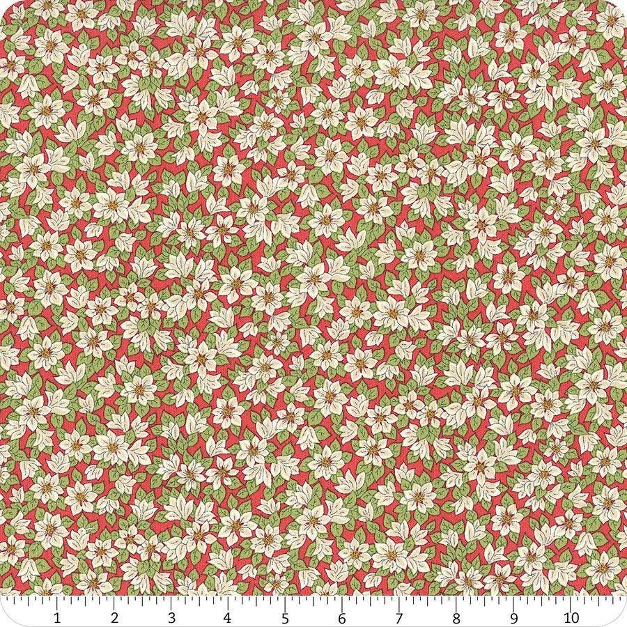 Image of Festive Greetings Peaceful Poinsettias quilting cotton fabric by Liberty Fabrics for Riley Blake Designs. Features flowers on a red background. Cute Little Fabric Shop