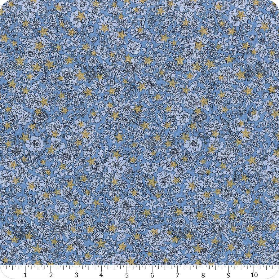 Image of Festive Greetings Emily Star quilting cotton fabric by Liberty Fabrics for Riley Blake Designs. Features stars on a blue background. Cute Little Fabric Shop