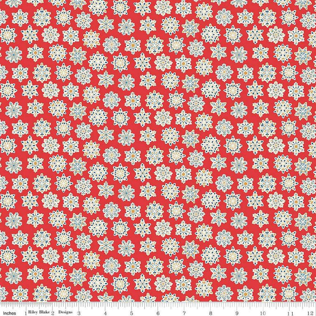Image of Festive Greetings Snow Season quilting cotton fabric by Liberty Fabrics for Riley Blake Designs. Features snowflakes on a red background. Cute Little Fabric Shop