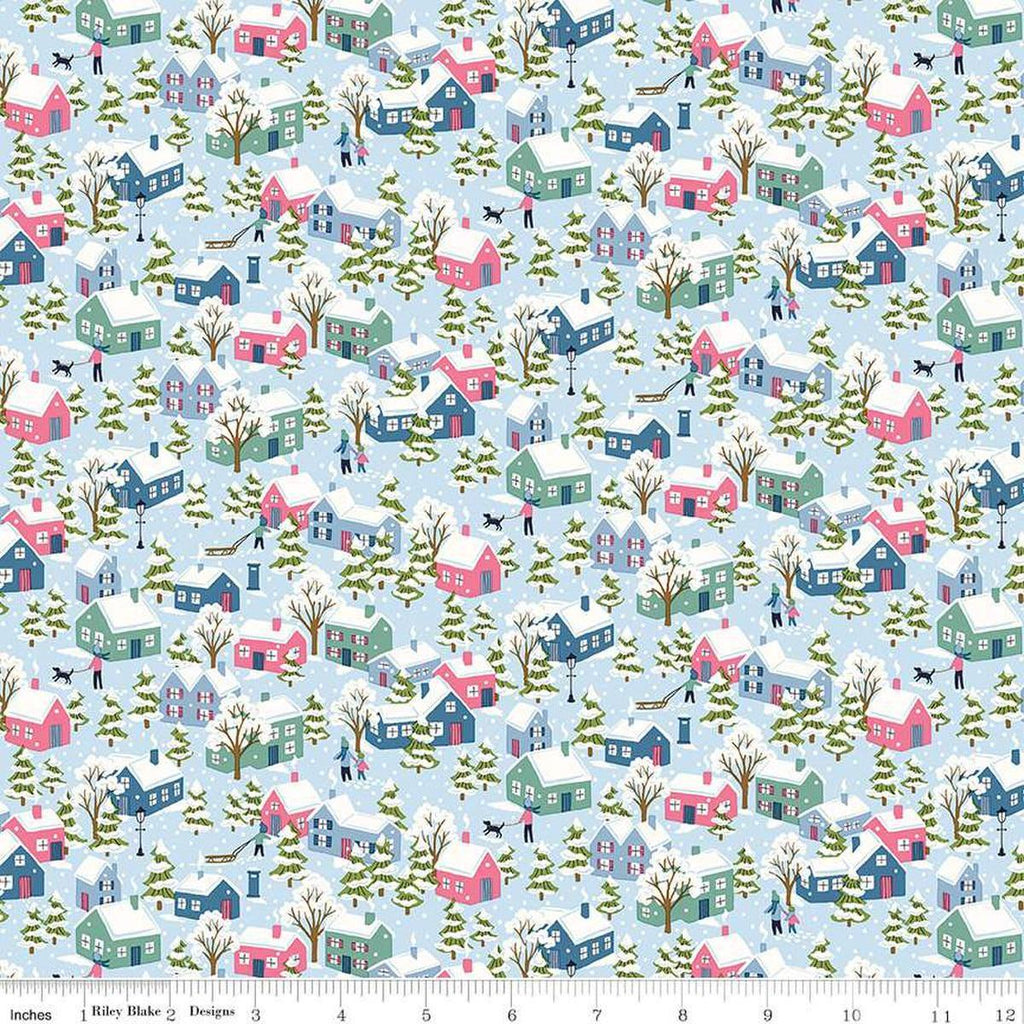 Image of Festive Greetings Festive Village quilting cotton fabric by Liberty Fabrics for Riley Blake Designs. Features houses on a blue background. Cute Little Fabric Shop