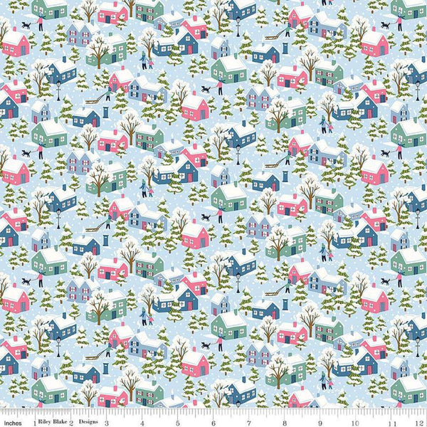 Image of Festive Greetings Festive Village quilting cotton fabric by Liberty Fabrics for Riley Blake Designs. Features houses on a blue background. Cute Little Fabric Shop