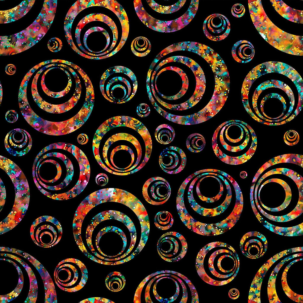 Image of Bedazzled Bullseye Black quilting cotton fabric by Morris Creative Group for QT Fabrics. Features circles on a black background. Cute Little Fabric Shop