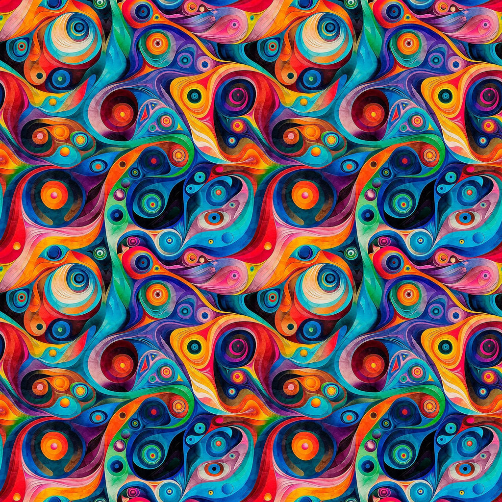Image of Bedazzled Swirl Multi quilting cotton fabric by Morris Creative Group for QT Fabrics. Features swirls on a black background. Cute Little Fabric Shop