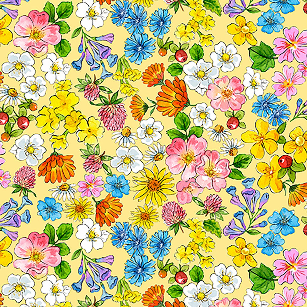 Image of Healing Garden Flower Heads Yellow quilting cotton fabric by Jane Maday for QT Fabrics. Features flowers on a yellow background. Cute Little Fabric Shop