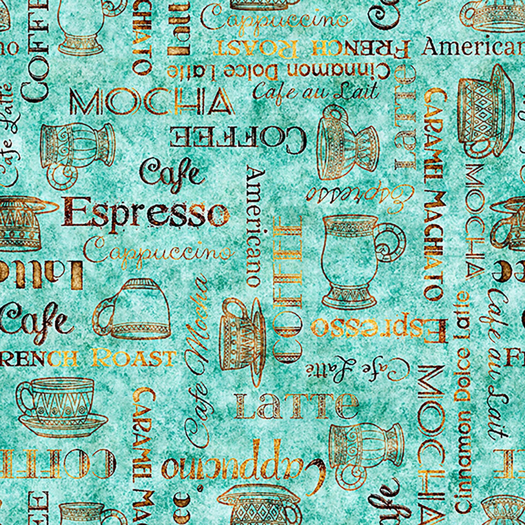Image of Grab Bag Season 3 Coffee Text Aqua quilting cotton fabric by Morris Creative Group for QT Fabrics. Features text on a blue background. Cute Little Fabric Shop