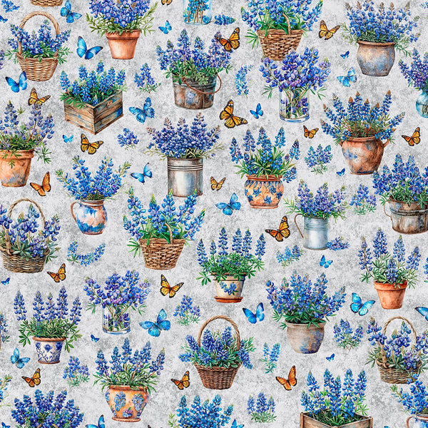 Image of Grab Bag Season 3 Potted Bluebonnets Gray quilting cotton fabric by Morris Creative Group for QT Fabrics. Features flowers on a gray background. Cute Little Fabric Shop