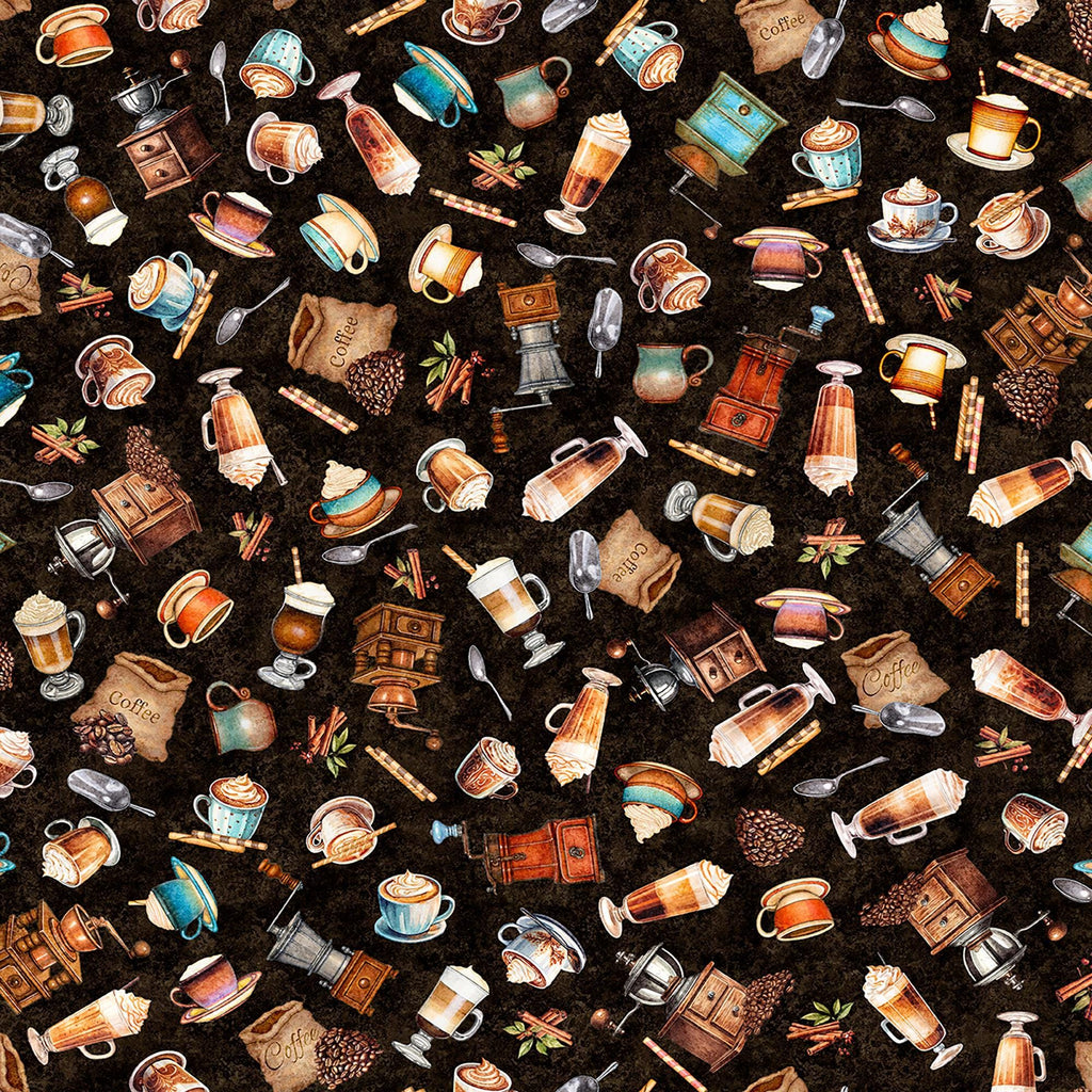 Image of Grab Bag Season 3 Coffee Toss Coffee quilting cotton fabric by Morris Creative Group for QT Fabrics. Features coffee on a brown background. Cute Little Fabric Shop