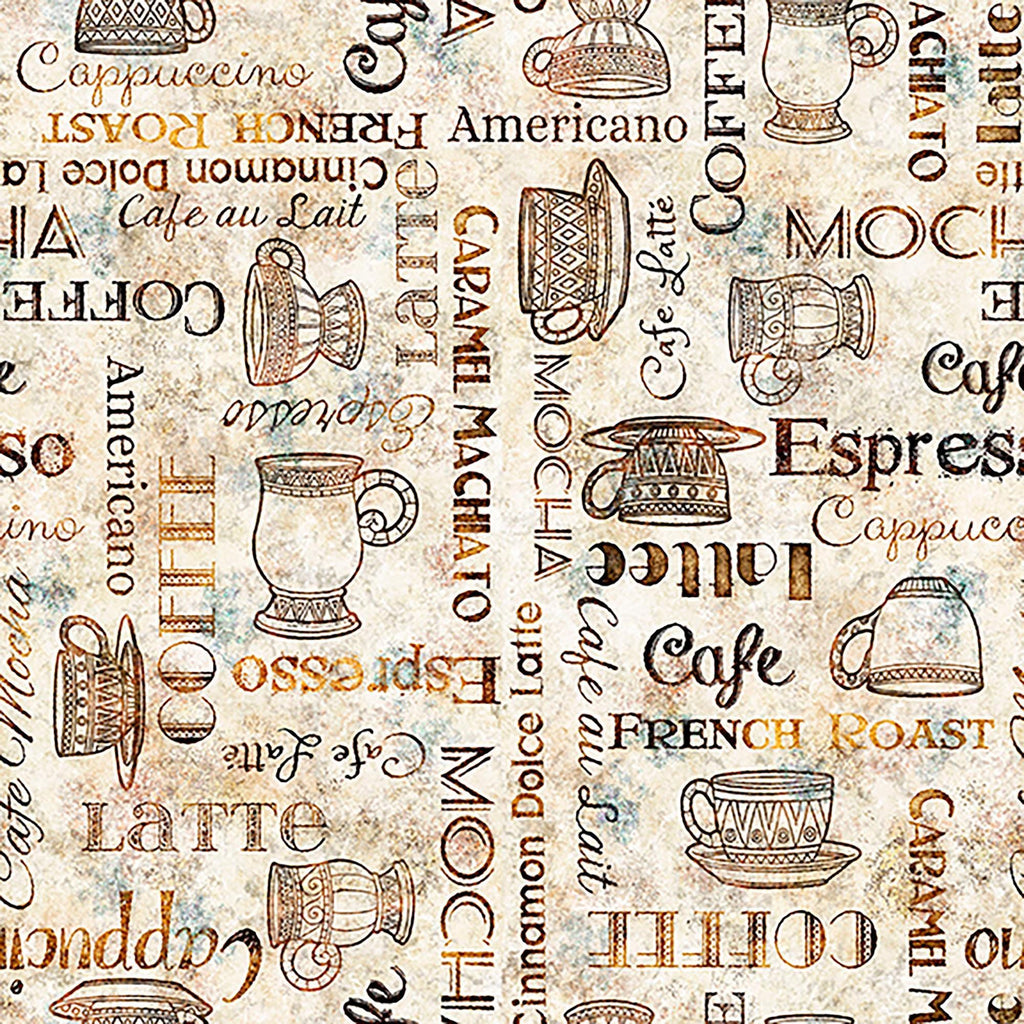 Image of Grab Bag Season 3 Coffee Text Parchment quilting cotton fabric by Morris Creative Group for QT Fabrics. Features text on a cream background. Cute Little Fabric Shop