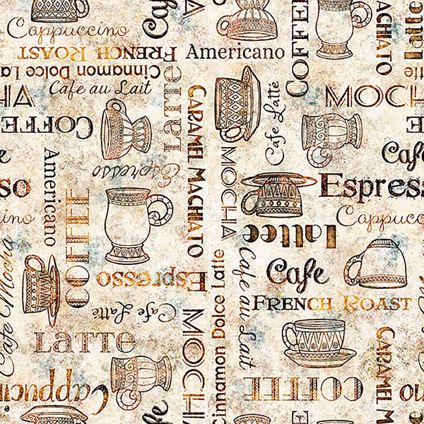 Image of Grab Bag Season 3 Coffee Text Parchment quilting cotton fabric by Morris Creative Group for QT Fabrics. Features text on a cream background. Cute Little Fabric Shop