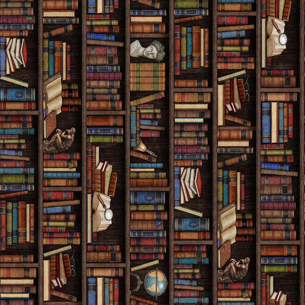 Image of Grab Bag Season 3 Library Book Stripe Black quilting cotton fabric by Morris Creative Group for QT Fabrics. Features books on a black background. Cute Little Fabric Shop