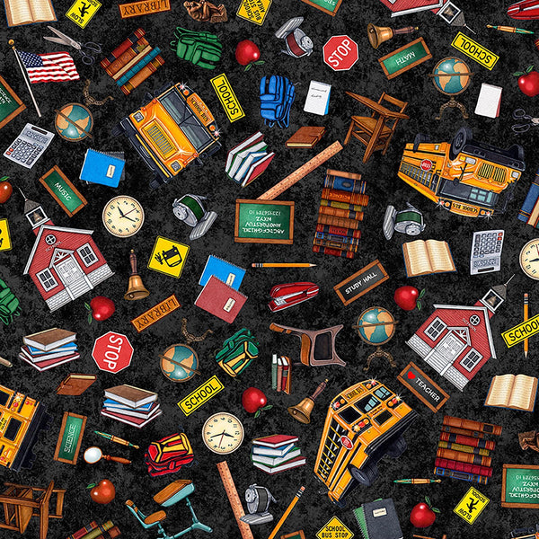 Image of Grab Bag Season 3 Everything School Charcoal quilting cotton fabric by Morris Creative Group for QT Fabrics. Features school supplies on a black background. Cute Little Fabric Shop