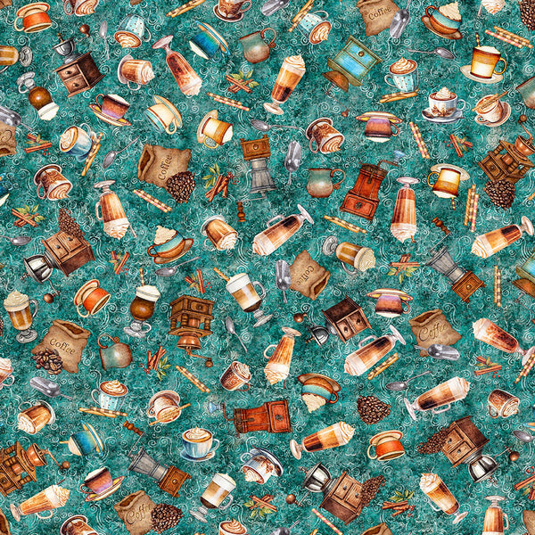 Image of Grab Bag Season 3 Coffee Toss Dusty Teal quilting cotton fabric by Morris Creative Group for QT Fabrics. Features coffee on a blue background. Cute Little Fabric Shop