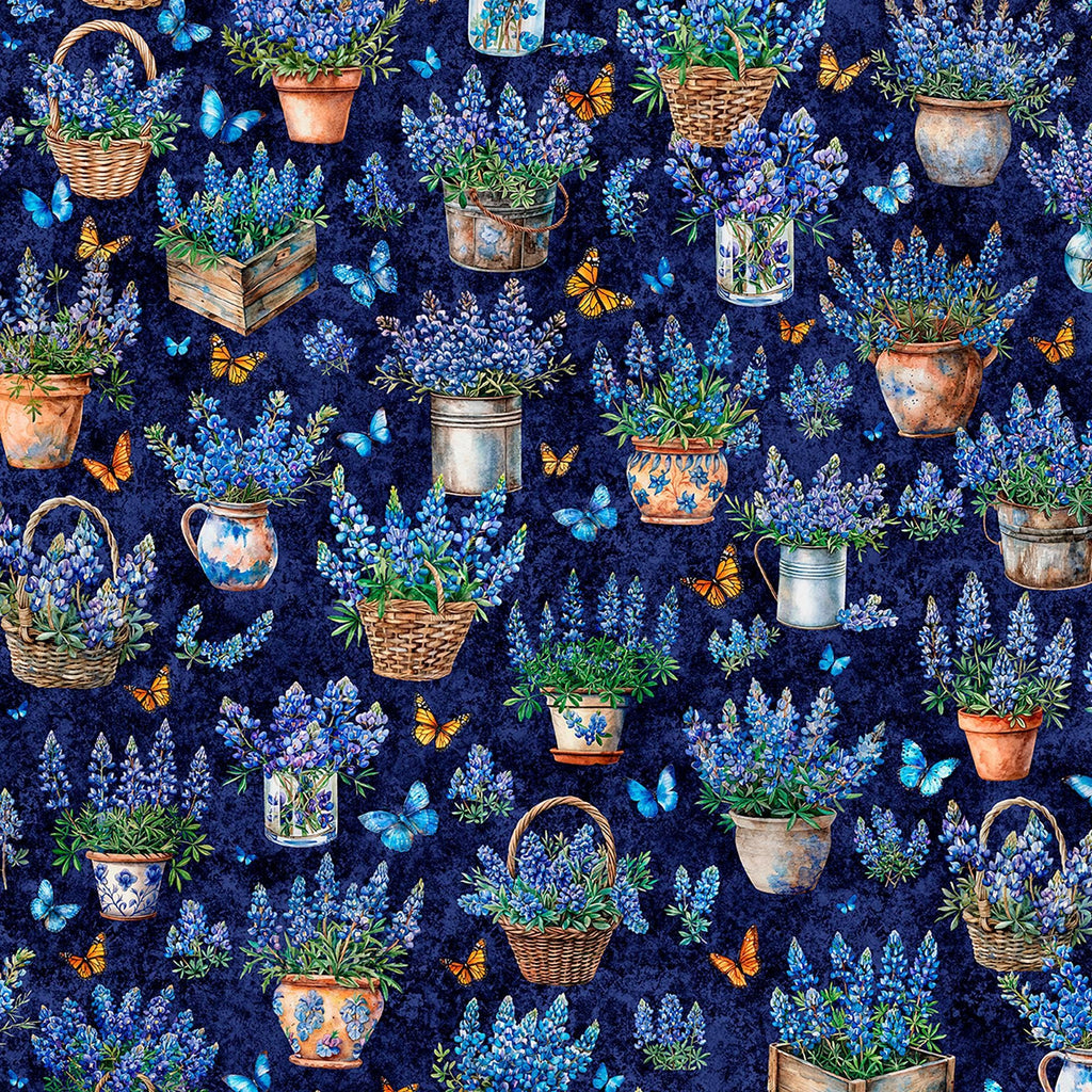 Image of Grab Bag Season 3 Potted Bluebonnets Navy quilting cotton fabric by Morris Creative Group for QT Fabrics. Features flowers on a blue background. Cute Little Fabric Shop