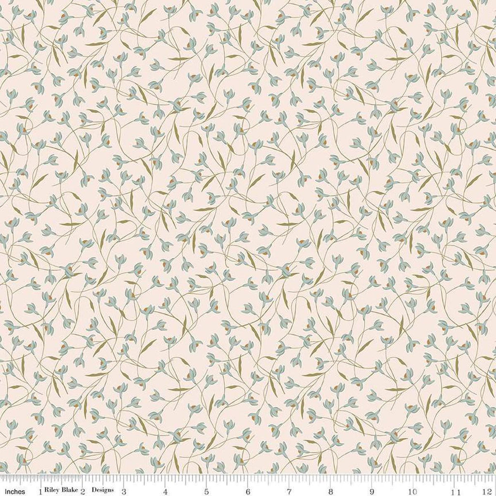Image of Threads of Grace Snow Drop Latte quilting cotton fabric by Kassidy Grace for Riley Blake Designs. Features flowers on a cream background. Cute Little Fabric Shop