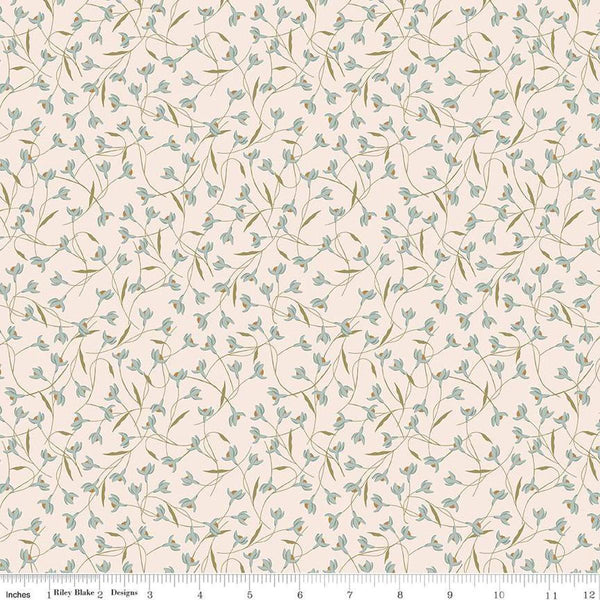 Image of Threads of Grace Snow Drop Latte quilting cotton fabric by Kassidy Grace for Riley Blake Designs. Features flowers on a cream background. Cute Little Fabric Shop