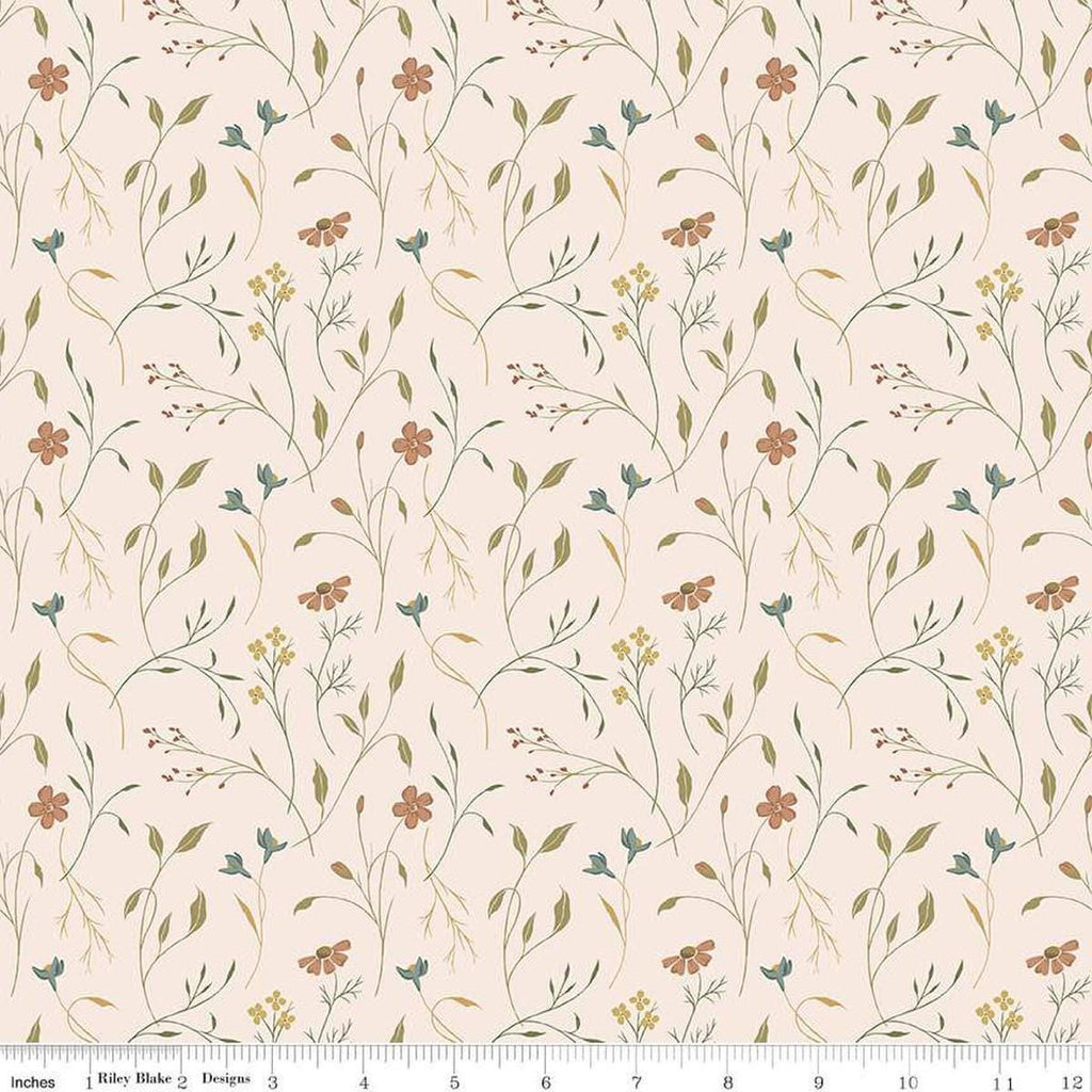 Image of Threads of Grace Main Latte quilting cotton fabric by Kassidy Grace for Riley Blake Designs. Features flowers on a cream background. Cute Little Fabric Shop