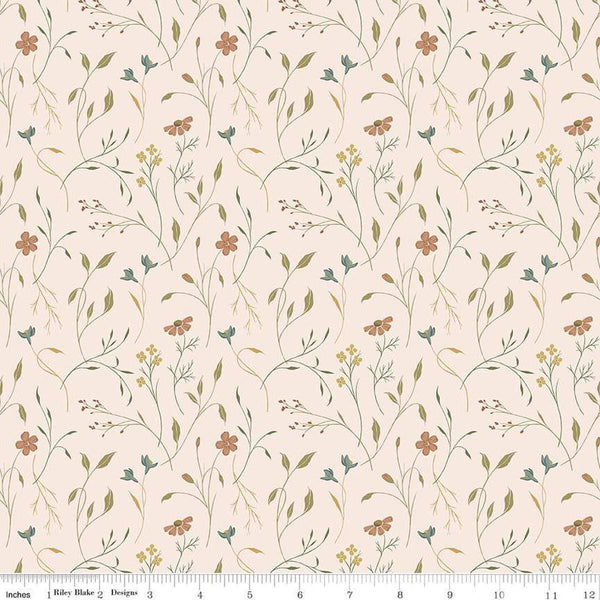 Image of Threads of Grace Main Latte quilting cotton fabric by Kassidy Grace for Riley Blake Designs. Features flowers on a cream background. Cute Little Fabric Shop