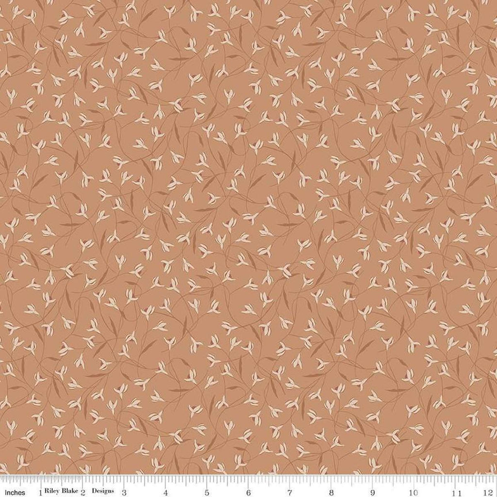 Image of Threads of Grace Snow Drop Clay quilting cotton fabric by Kassidy Grace for Riley Blake Designs. Features flowers on an orange background. Cute Little Fabric Shop
