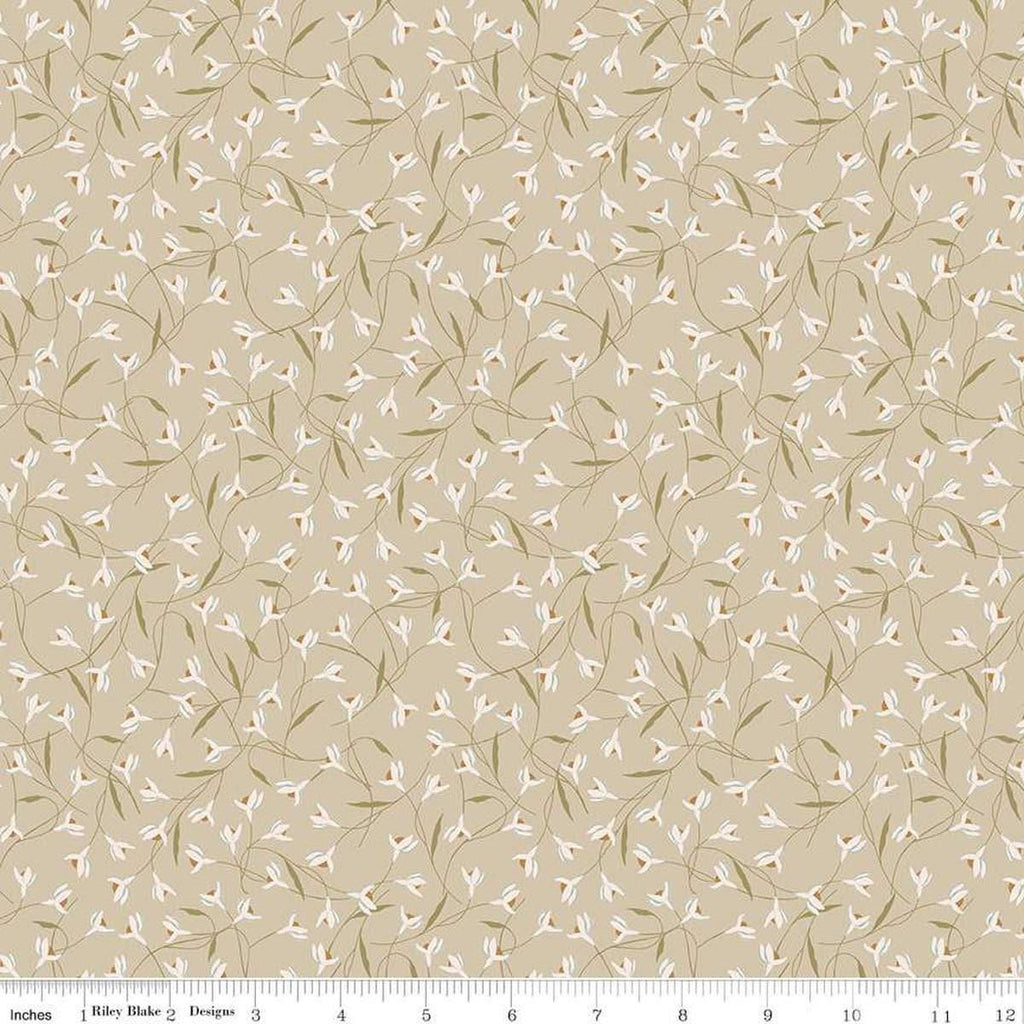 Image of Threads of Grace Snow Drop Taupe quilting cotton fabric by Kassidy Grace for Riley Blake Designs. Features flowers on a beige background. Cute Little Fabric Shop