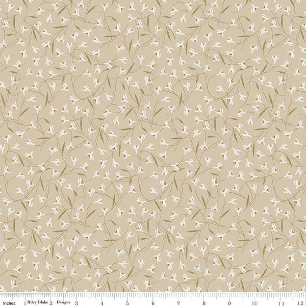 Image of Threads of Grace Snow Drop Taupe quilting cotton fabric by Kassidy Grace for Riley Blake Designs. Features flowers on a beige background. Cute Little Fabric Shop