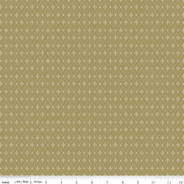Image of Threads of Grace Ivy Lemongrass quilting cotton fabric by Kassidy Grace for Riley Blake Designs. Features leaves on a green background. Cute Little Fabric Shop