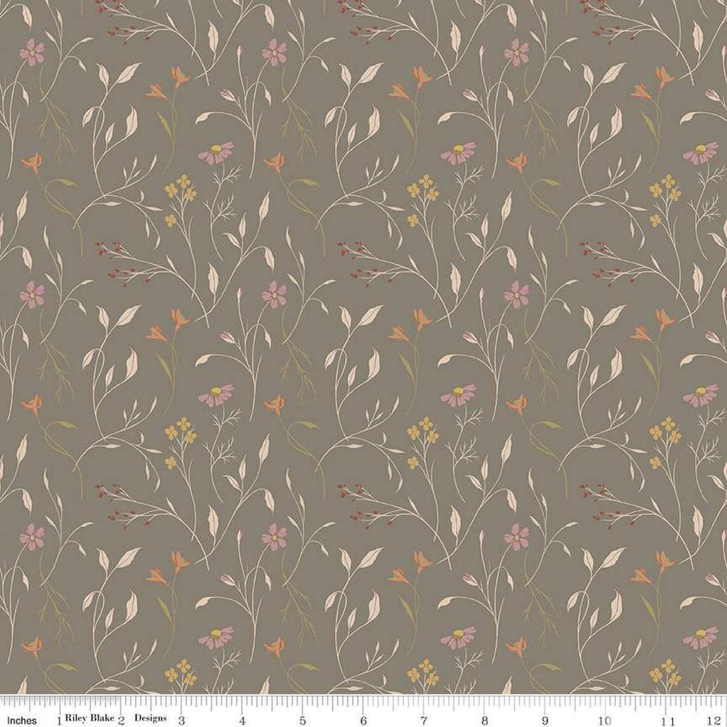 Image of Threads of Grace Main Medium Gray quilting cotton fabric by Kassidy Grace for Riley Blake Designs. Features flowers on a brown background. Cute Little Fabric Shop