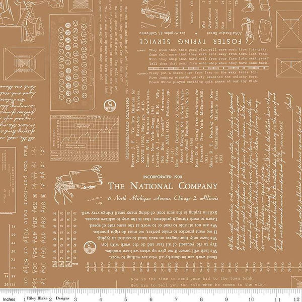 Image of TYPE/ography Maple quilting cotton fabric by Lori Holt for Riley Blake Designs. Features text on a brown background. Cute Little Fabric Shop.