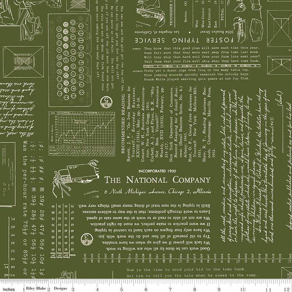 Image of TYPE/ography Zucchini quilting cotton fabric by Lori Holt for Riley Blake Designs. Features text on a green background. Cute Little Fabric Shop.